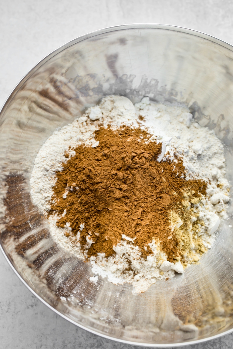 vegan pumpkin bread dry ingredients in silver bowl