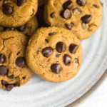 closeup of plate of vegan pumpkin chocolate chip cookies