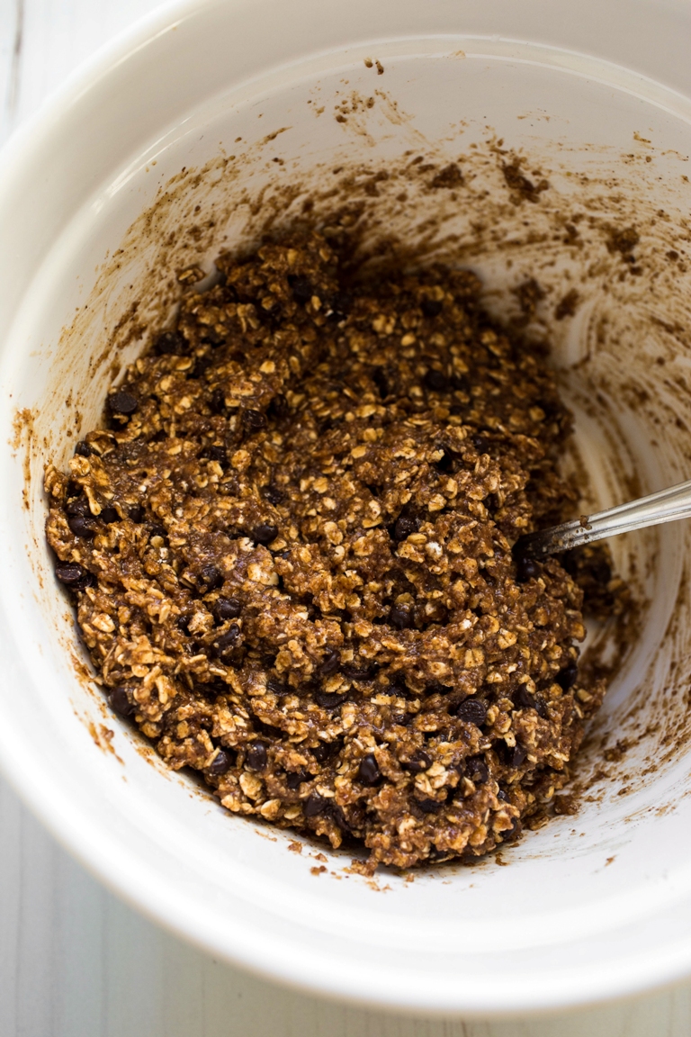 wet chocolate chip granola batter in white bowl