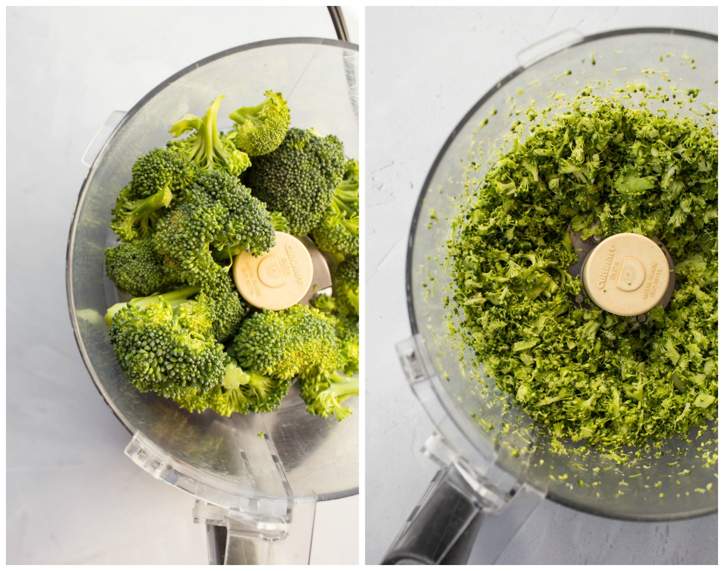 collage of before and after broccoli florets processed into food processor