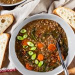 lentil soup in gray bowl with fresh green onions