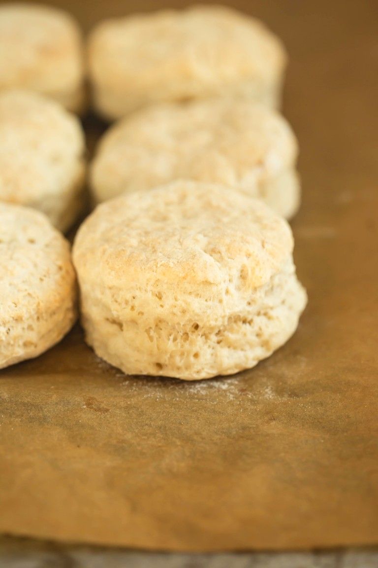 closeup of baked biscuits on pan