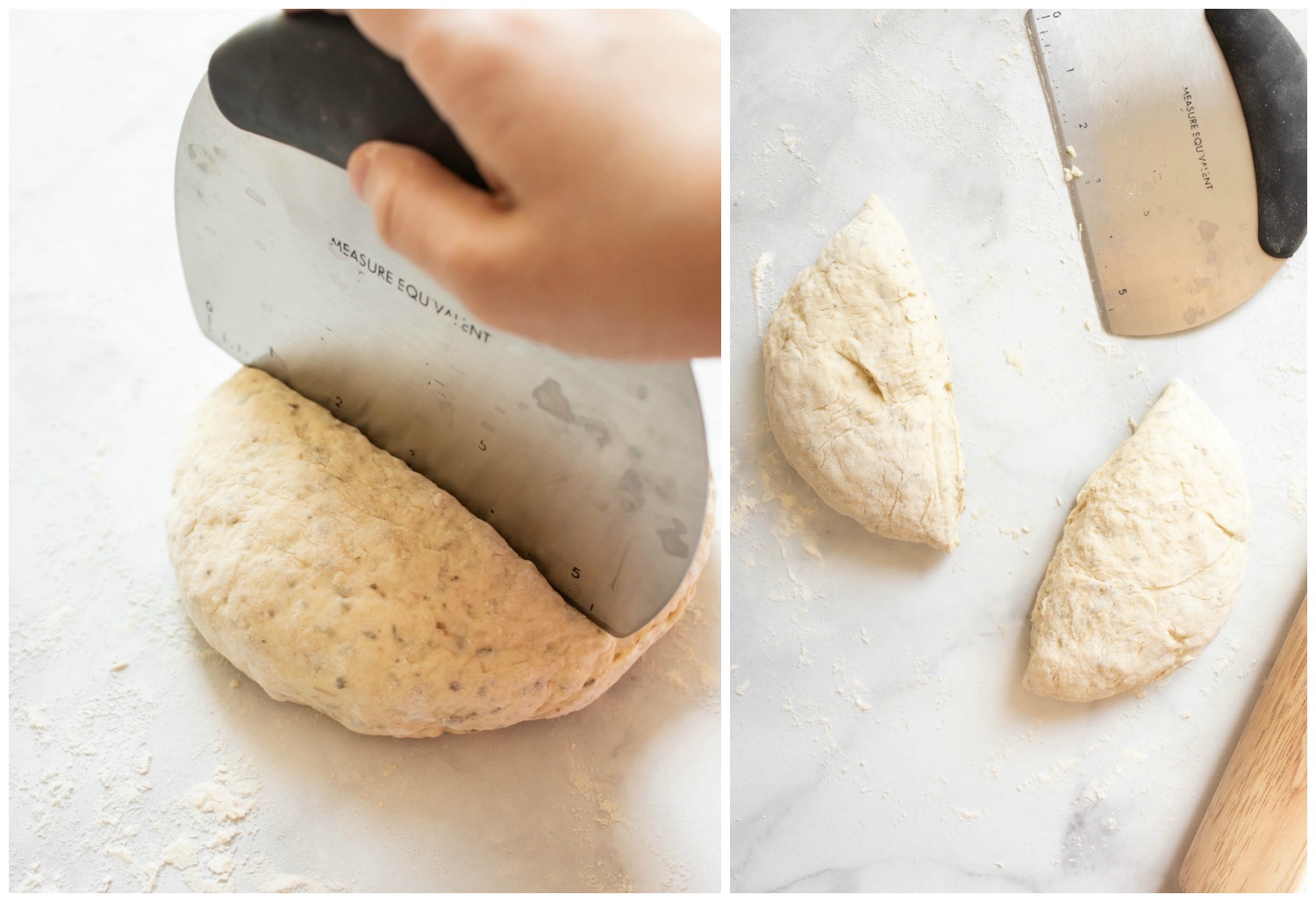 collage of before and after dividing pizza dough