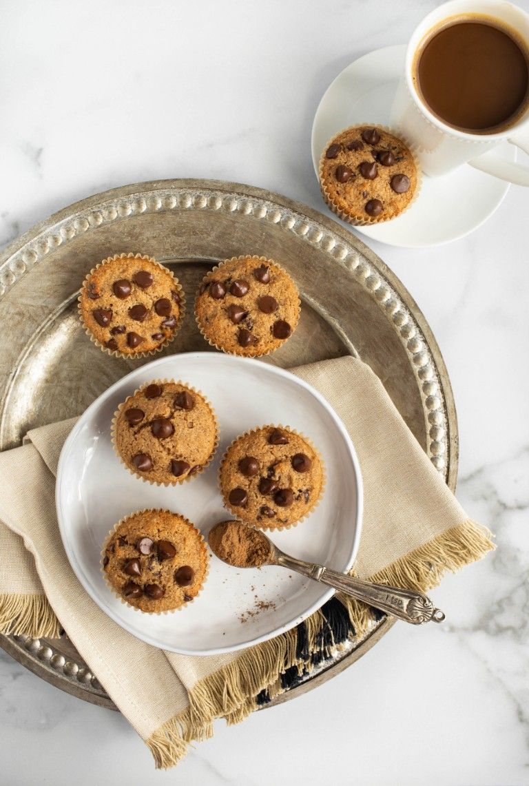 overhead shot of several chai muffins on silver platter with coffee