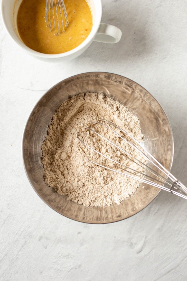 dry ingredients in silver bowl with whisk