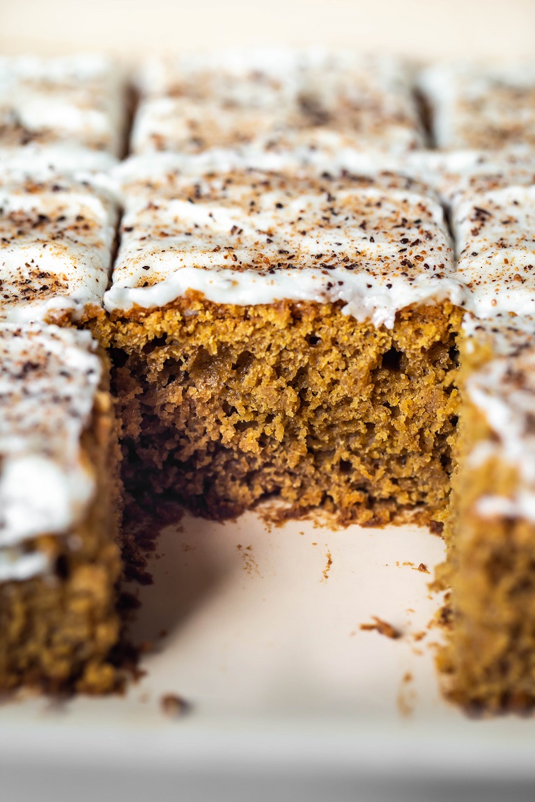 closeup of slice of pumpkin cake inside pan
