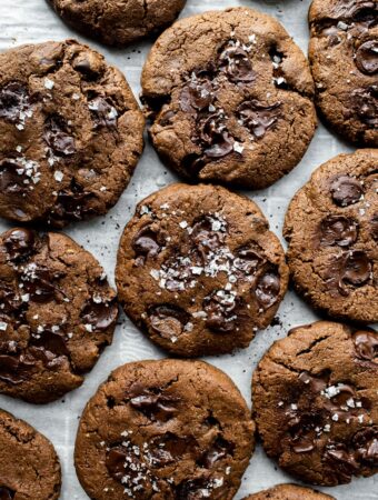 overhead of vegan chocolate cookies with espresso and sea salt
