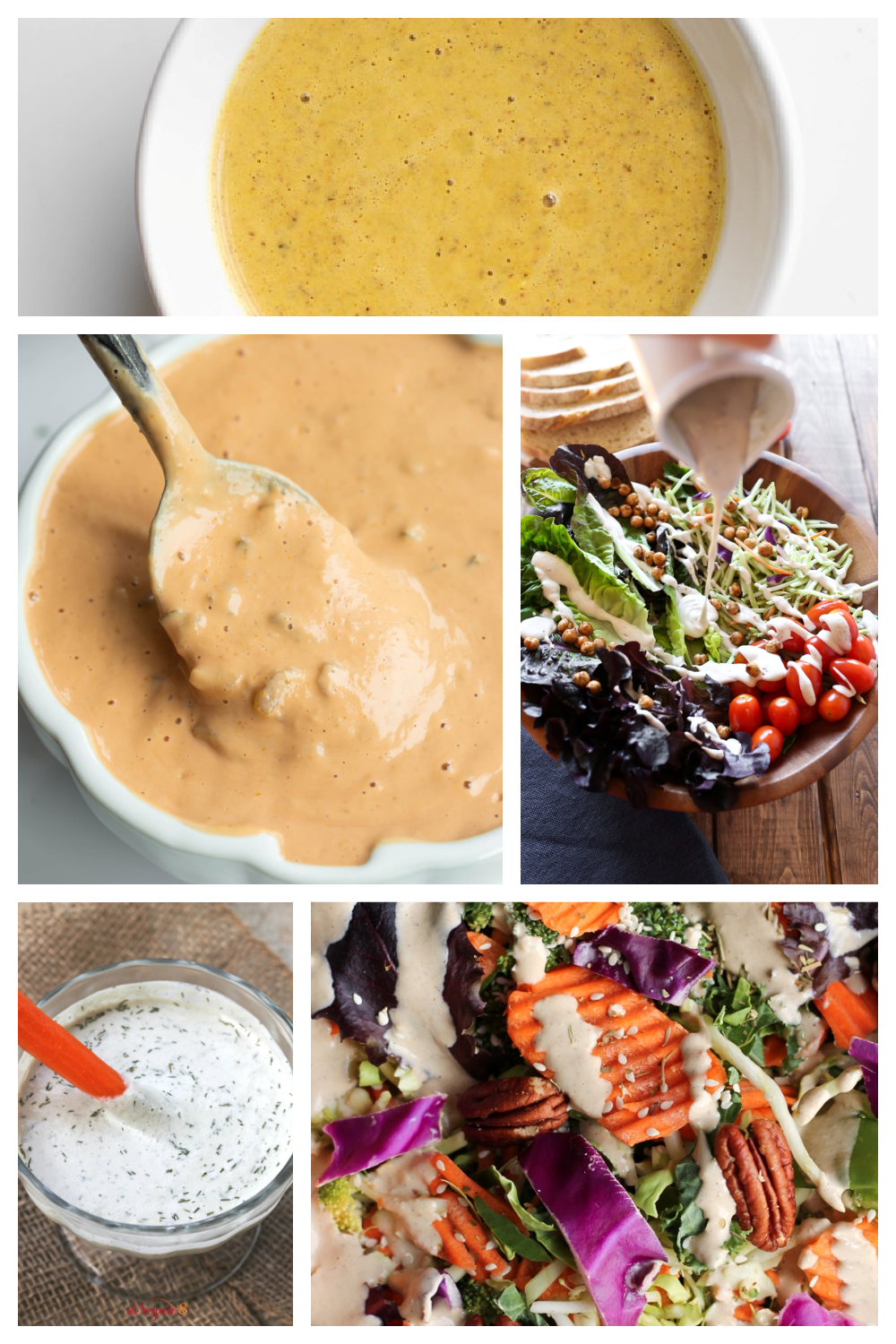 collage of several vegan oil free salad dressings